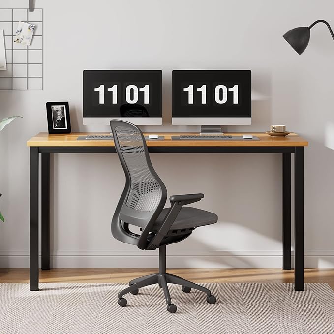 Need 55 Inch Large Computer Desk - Modern Simple Style Home Office Gaming Desk, Basic Writing Table for Study Student, Black Metal Frame, Teak - LeafyLoom