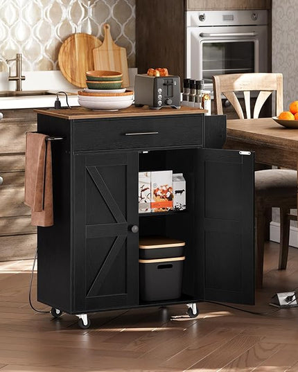 HOOBRO Kitchen Island with Power Outlet, Kitchen Storage Island with Large Worktop, Spice Rack and Drawer, Rolling Kitchen Cart on Wheels, for Kitchen and Dining Room, Rustic Brown and Black BF88UZD01 - LeafyLoom