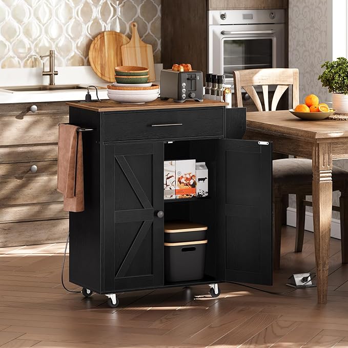 HOOBRO Kitchen Island with Power Outlet, Kitchen Storage Island with Large Worktop, Spice Rack and Drawer, Rolling Kitchen Cart on Wheels, for Kitchen and Dining Room, Rustic Brown and Black BF88UZD01 - LeafyLoom