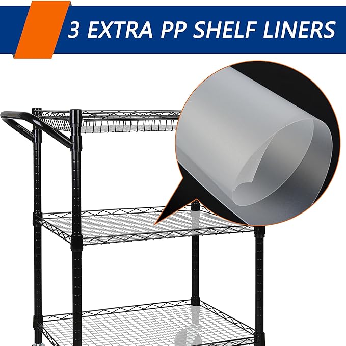 3 Tier Heavy Duty Rolling Utility Cart,18"D x 23.8"W x 36.6"H Rolling Carts with Wheels,Commercial Grade Metal Cart with Handle Bar & Shelf Liner,Trolley Serving Storage Cart for Kitchen Black - LeafyLoom