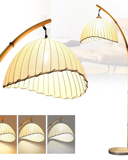 Vintage Bamboo Floor Lamp, Unique Bohemian Arc Floor Lamp, Vine Style, Restaurant Vertical Light, Farmhouse Study Living Room, Marble Base Light Living Room Corner - LeafyLoom