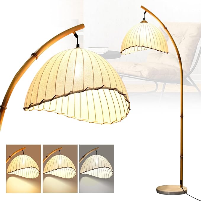 Vintage Bamboo Floor Lamp, Unique Bohemian Arc Floor Lamp, Vine Style, Restaurant Vertical Light, Farmhouse Study Living Room, Marble Base Light Living Room Corner - LeafyLoom