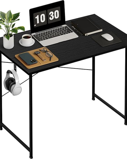 HealSmart Home Office Computer Desk, Modern Style Design with Headphone Hooks for Working, Writing and Gaming, 32 Inch, Black - LeafyLoom