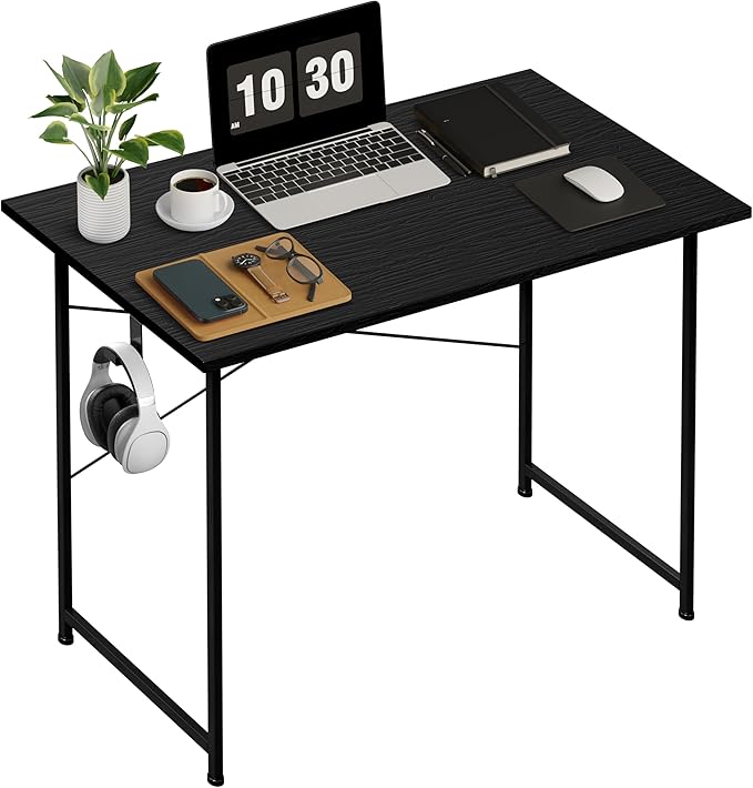 HealSmart Home Office Computer Desk, Modern Style Design with Headphone Hooks for Working, Writing and Gaming, 32 Inch, Black - LeafyLoom