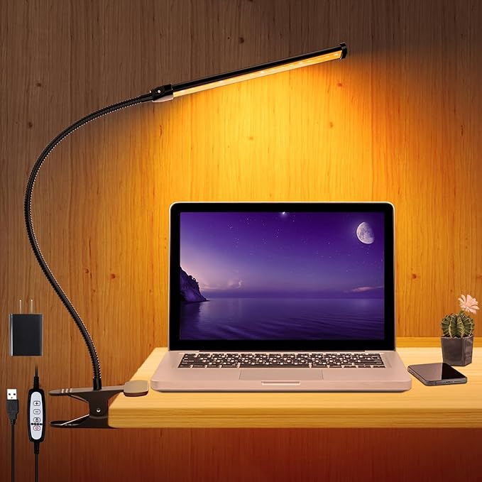 Desk Lamp for Office Home, 5W USB Amber LED Clip on Light, Flexible Gooseneck Clamp Light, 5 Brightness Levels, 4/8/12/18H Auto Timer, Eye-Caring Desk Light for Bedside Office,1600K Color (Metal) - LeafyLoom