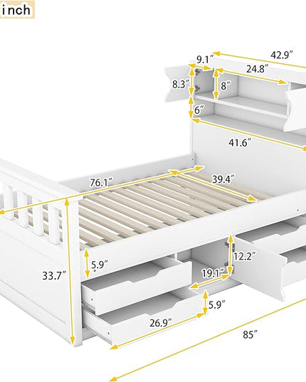 Merax Twin Size Bed Frames with Bookcase Headboard,Kids Wooden Platform Bed with 4 Drawers,White Captain Platform Bed with Storage Underneath - LeafyLoom
