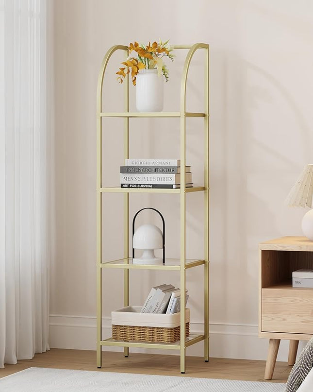 Bookcase Bookshelf, Tempered Glass Arched Bookshelf for More Storage, Slim Shelving Unit for Bedroom, Bathroom, Home Office, Steel Frame, 4 Tier Gold BC20499G - LeafyLoom