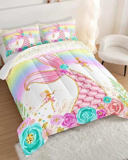 HOSIMA Mermaid Comforter with 2 Pillowcases,Girly Rainbow Bedding Set Glitter Pink Mermaid Tail Twin Comforter Set,Flower Fairies Rose Gold Comforter Set,Floral Comforter for Girls Teens Bedroom. - LeafyLoom