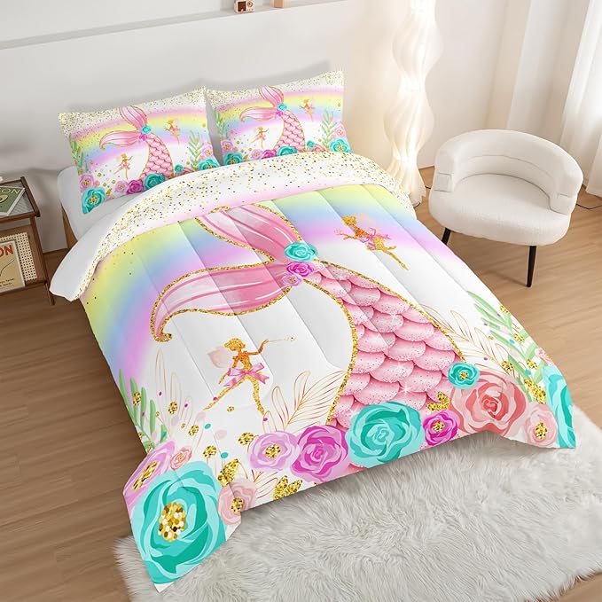 HOSIMA Mermaid Comforter with 2 Pillowcases,Girly Rainbow Bedding Set Glitter Pink Mermaid Tail Comforter Set,Flower Fairies Rose Gold Comforter Set,Floral Queen Comforter Set. - LeafyLoom