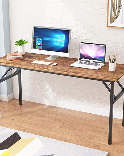 SogesGame Computer Desk, 62 Inch Large Desk Modern Simple Style Folding Tables, Home Office Writing Desk, Space Saving Foldable Table, No Install Needed, Retro Black - LeafyLoom
