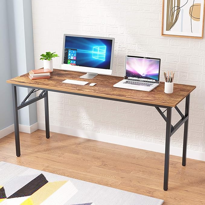 SogesGame Computer Desk, 62 Inch Large Desk Modern Simple Style Folding Tables, Home Office Writing Desk, Space Saving Foldable Table, No Install Needed, Retro Black - LeafyLoom