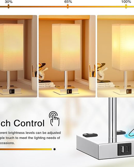 Touch Bedside Table Lamp For Nightstand - 3-Way Dimmable Night Lamp with USB A + Type C Charging Ports and two AC Outlets, Small Desk Light with E26 LED Bulb for Bedroom Living Room Dorm Office - LeafyLoom