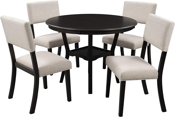 5 Piece, Indoor Modern Wood Set with Round Table, 4 Upholstered Chairs for Kitchen Dining Room, Espresso & Beige - LeafyLoom