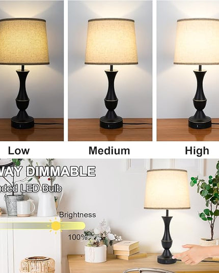 Touch Lamps for Bedrooms Set of 2, Farmhouse Table Lamp with USB C Charging Port, 3 Way Dimmable Nightstand Lamps with Linen Fabric Lampshade for Bedroom, Living Room (Pack2-Black) - LeafyLoom