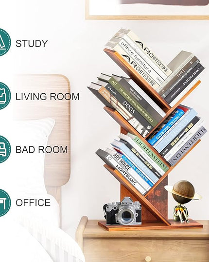 Tree Bookshelf, 5 -Tier Book Storage Organizer Shelves Floor Standing Bookcase, Wood Storage Rack for Office Home School Shelf Display for Cd/Magazine (Rustic Brown) - LeafyLoom