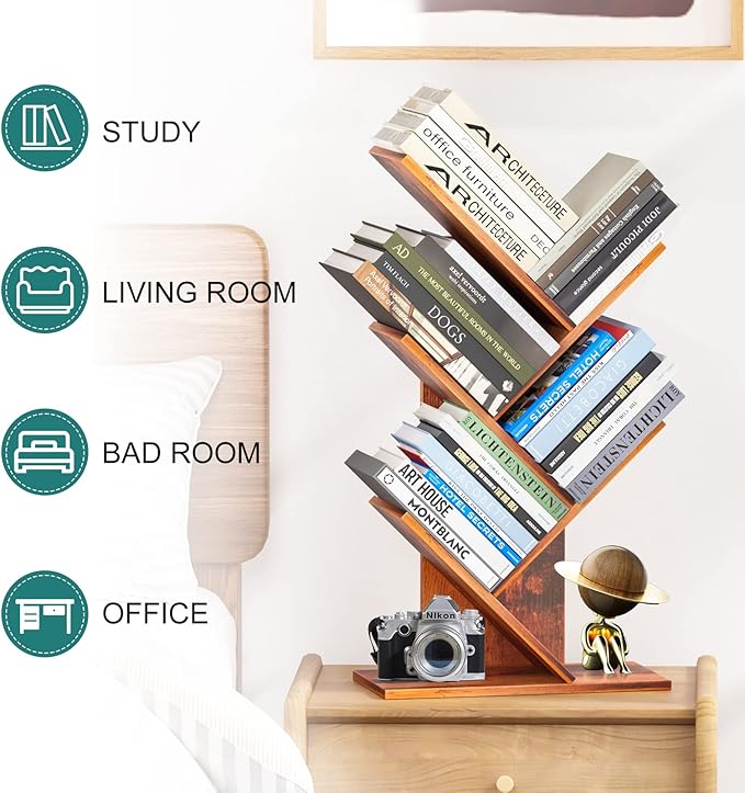 Tree Bookshelf, 5 -Tier Book Storage Organizer Shelves Floor Standing Bookcase, Wood Storage Rack for Office Home School Shelf Display for Cd/Magazine (Rustic Brown) - LeafyLoom