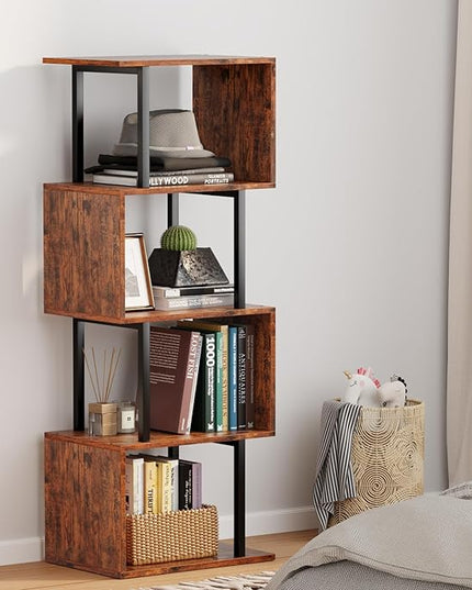 Furologee 5-Tier Bookshelf, S-Shaped Geometric Bookcase, Narrow Freestanding Display Shelves, Modern Wood Decorative Storage Shelving Rack for Bedroom, Living Room, Home Office, Rustic Brown - LeafyLoom