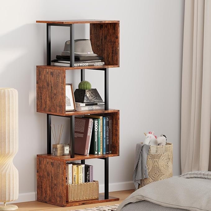 Furologee 5-Tier Bookshelf, S-Shaped Geometric Bookcase, Narrow Freestanding Display Shelves, Modern Wood Decorative Storage Shelving Rack for Bedroom, Living Room, Home Office, Rustic Brown - LeafyLoom