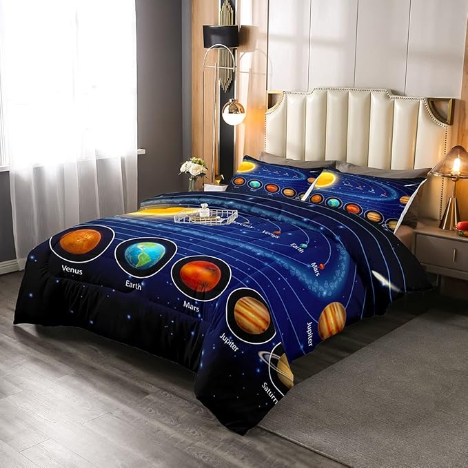 Solar System Comforter Set Full Galaxy Bedding Set Outer Space Down Comforter Kids Boys Girls Starry Sky Universe Planets Duvet Set Room Decor Super Soft Astronomy Quilt Duvet Insert, Blue - LeafyLoom