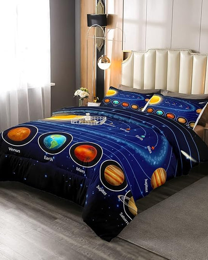 Solar System Comforter Set Queen Galaxy Bedding Set Outer Space Down Comforter Kids Boys Girls Starry Sky Universe Planets Duvet Set Room Decor Super Soft Astronomy Quilt Duvet Insert, Blue - LeafyLoom