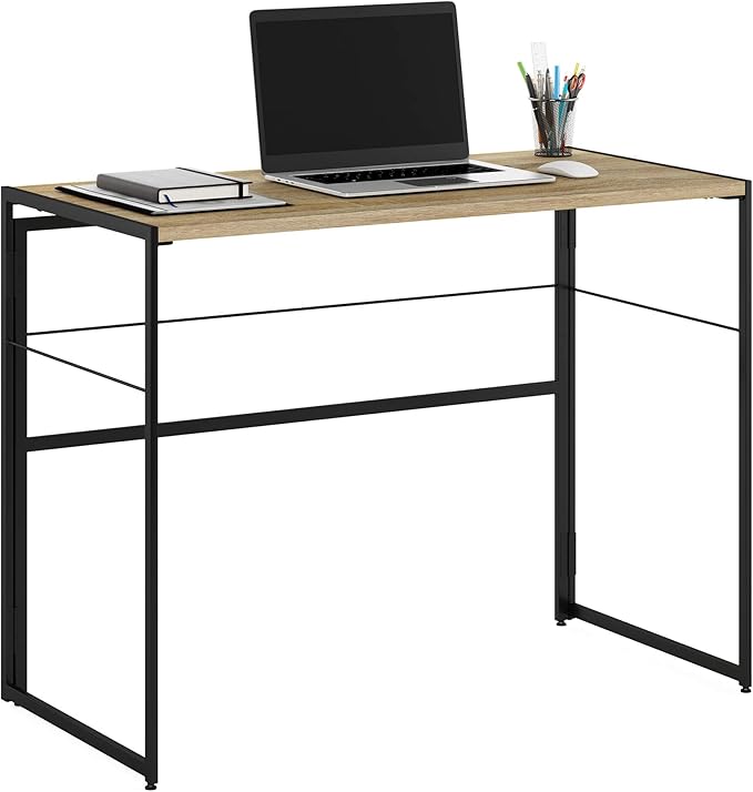 Furinno Riau No Tool/No Assembly/Folding Metal Frame Computer Desk, Sonoma Oak/Black, 39 Inch - LeafyLoom