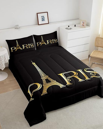 Erosebridal Eiffel Tower Comforter Set, City Building of Paris Bedding Set Twin Size, Gold Black Duvet Sets for Kids Boys Girls Teens Bedroom, Soft Microfiber Bedding Comforters with 1 Pillow Case - LeafyLoom