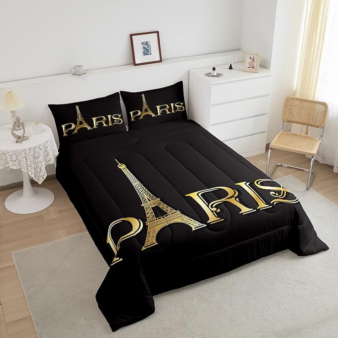 Erosebridal Eiffel Tower Comforter Set, City Building of Paris Bedding Set Twin Size, Gold Black Duvet Sets for Kids Boys Girls Teens Bedroom, Soft Microfiber Bedding Comforters with 1 Pillow Case - LeafyLoom