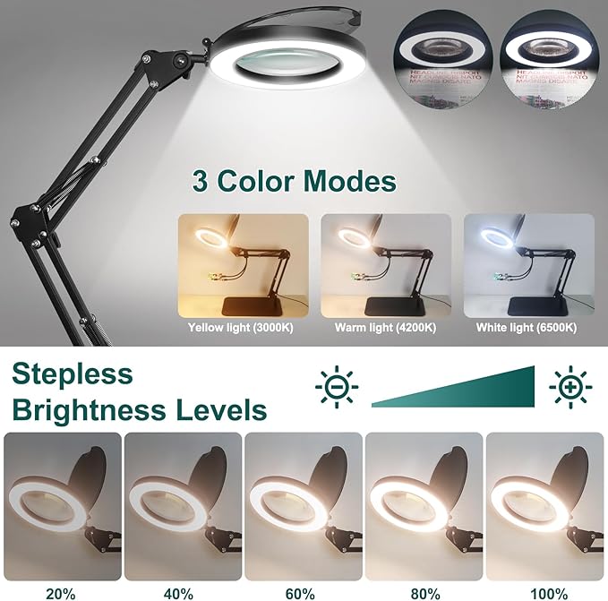5X Magnifying Glass with Light and Stand, NAKOOS 3-in-1 Magnifying Lamp with Light, 3 Lightings Dimmable Magnifier with Anti-dust Cover and Timer, Soldering Magnifying Glass for DIY Close Work - LeafyLoom
