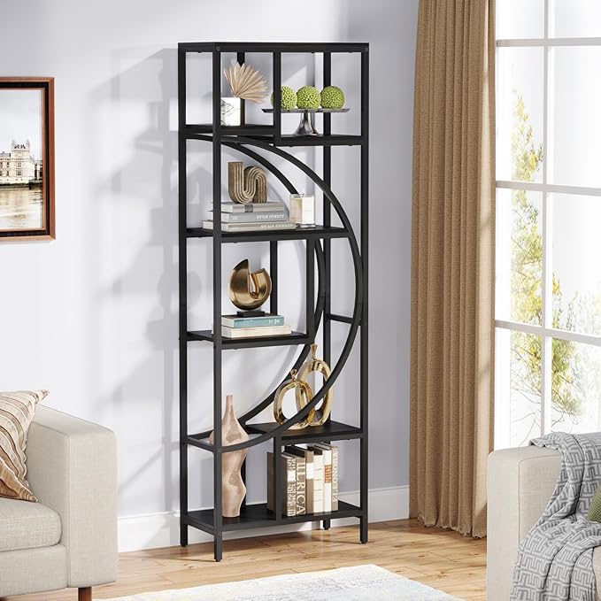 Bookshelf, 70.9” Wood Bookcases Open Shelves with Metal Frame, 7 Tier Tall Book Shelf, Freestanding Display Rack Storage Shelving Unit for Bedroom, Living Room, Easy Assembly (Black) - LeafyLoom