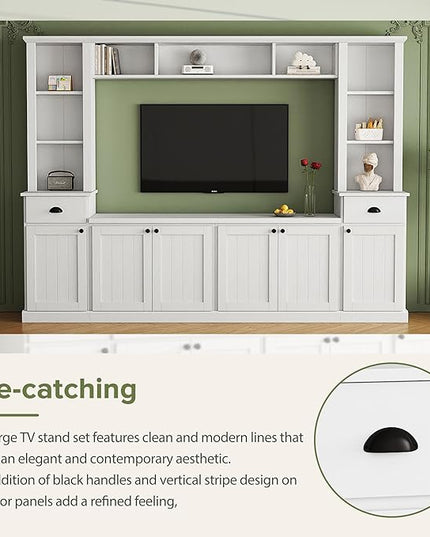 Merax Minimalist Entertainment Wall Unit Set with Bridge Ample Storage Space and Adjustable Shelves, TV Stand for Televisions Up to 75'', Modernist Large Media Console for Living Room, White - LeafyLoom