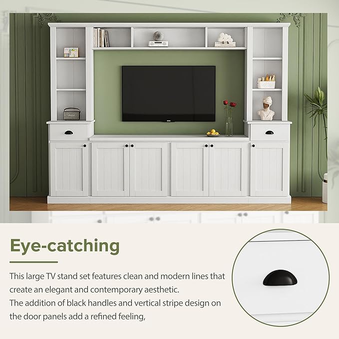 Merax Minimalist Entertainment Wall Unit Set with Bridge Ample Storage Space and Adjustable Shelves, TV Stand for Televisions Up to 75'', Modernist Large Media Console for Living Room, White - LeafyLoom