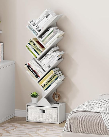 Vagusicc 6 Tier Tree Bookshelf, Modern Floor Standing Bookcase with Storage Drawer, Tall Wood Book Storage Rack for CDs/Books, Utility Book Organizer Shelves for Bedroom/Living Room/Home Office/Corner - LeafyLoom