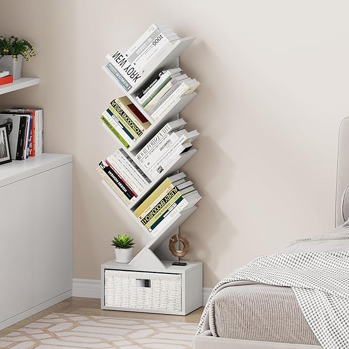 Vagusicc 6 Tier Tree Bookshelf, Modern Floor Standing Bookcase with Storage Drawer, Tall Wood Book Storage Rack for CDs/Books, Utility Book Organizer Shelves for Bedroom/Living Room/Home Office/Corner - LeafyLoom