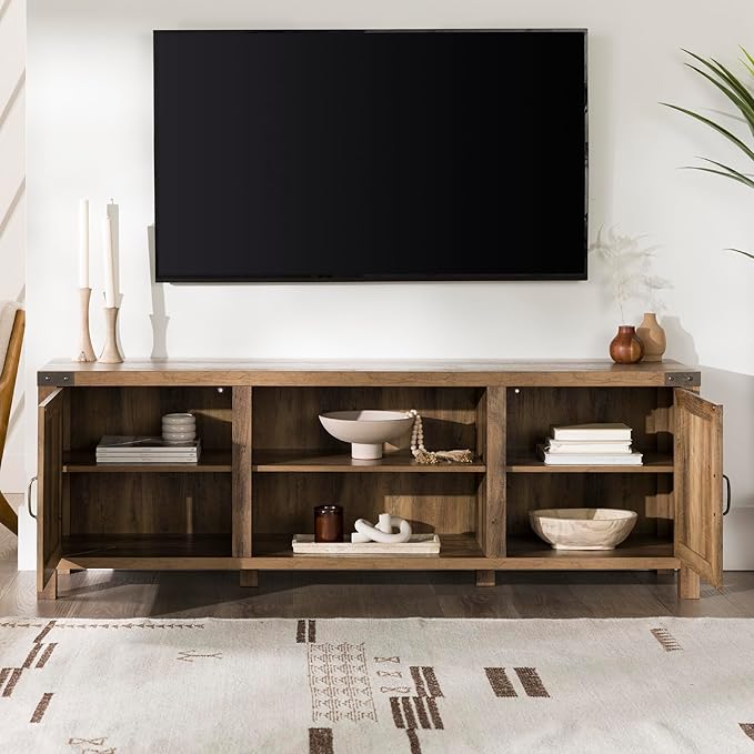 Walker Edison Georgetown Modern Farmhouse Double Barn Door TV Stand for TVs up to 80 Inches, 70 Inch, Rustic Oak, Without Fireplace, 15.75 x 70 x 24 inches - LeafyLoom