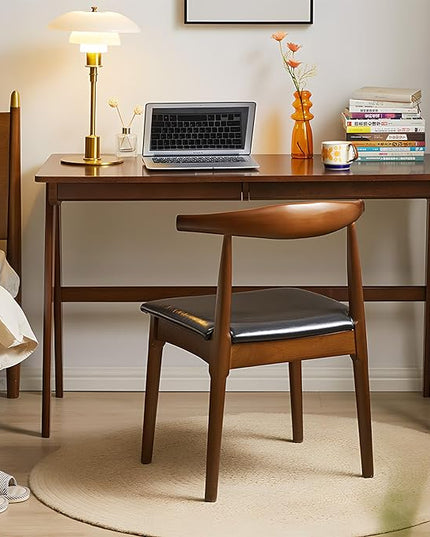 Computer Desk with Drawers, Solid Wood Writing Desk, Mid Century Modern Home Office Desks, Oak Study Table, Small Desk for Bedroom, 29.1 H x 39.4 W x 21.7 D Inches, Walnut - LeafyLoom