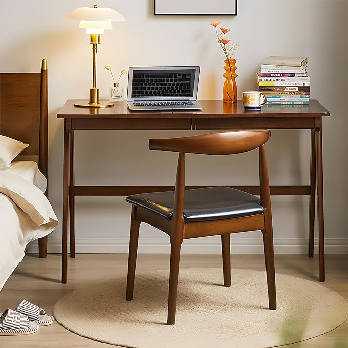 Computer Desk with Drawers, Solid Wood Writing Desk, Mid Century Modern Home Office Desks, Oak Study Table, Small Desk for Bedroom, 29.1 H x 39.4 W x 21.7 D Inches, Walnut - LeafyLoom