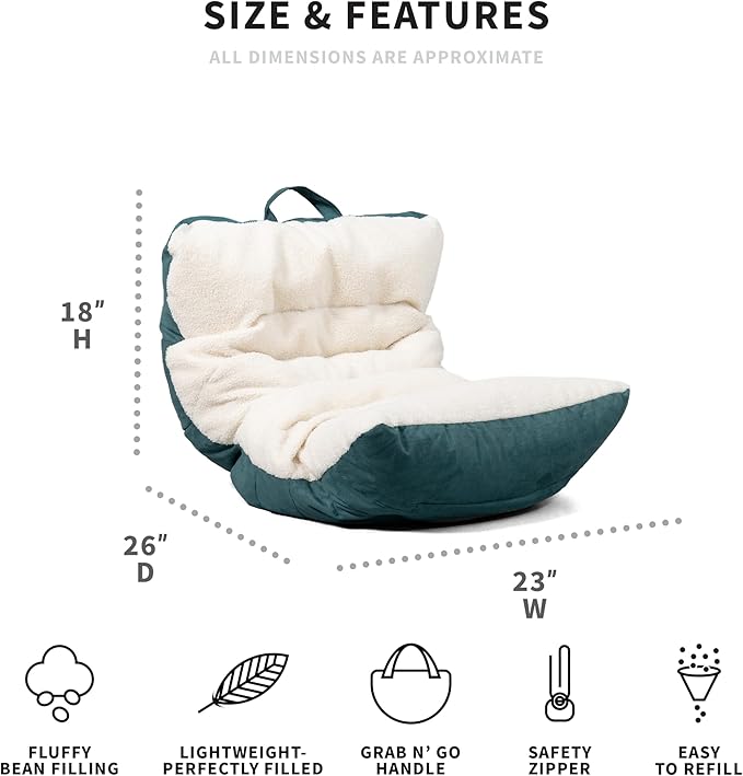 Big Joe Roma Kid's Bean Bag Chair, Oat Sherpa and Sage, Vegan Suede, 2 feet - LeafyLoom