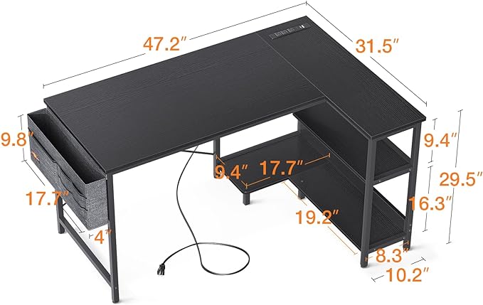 ODK 48 Inch Small L Shaped Gaming Computer Desk with Power Outlets, Reversible Storage Shelves & PC Stand for Home Office, Simple Writing Study Table with Storage Bag for Small Space, Black - LeafyLoom