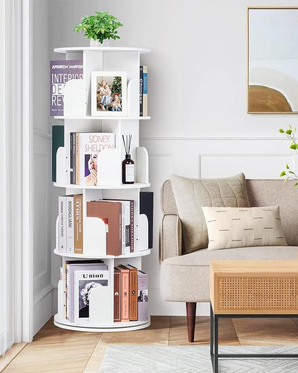 2024 New 4 Tier Rotating Bookshelf kids, Small Corner Bookshelf for Small Space, 360 Display Floor Standing Bookcase Storage Rack, Wood Narrow Book Shelf Organizer for Home Office,Bedroom, Living Room - LeafyLoom