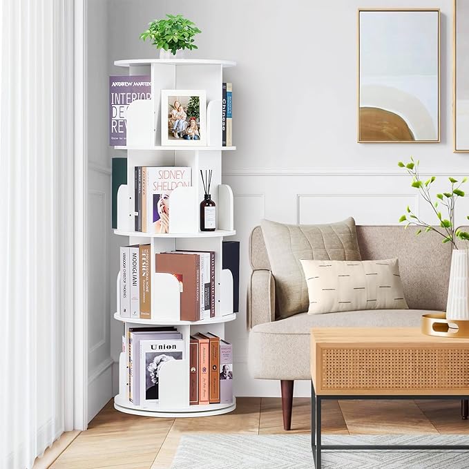 2024 New 4 Tier Rotating Bookshelf kids, Small Corner Bookshelf for Small Space, 360 Display Floor Standing Bookcase Storage Rack, Wood Narrow Book Shelf Organizer for Home Office,Bedroom, Living Room - LeafyLoom
