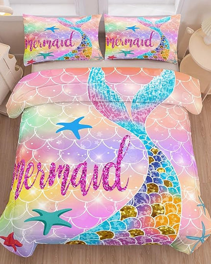 NINENINE Mermaid Comforter 5PCS Full Size Bedding Sets for Girls, Princess Comforter Sets for Girls, Glitter Bedding Set for Girls (1Comforter, 1Flat Sheet, 1Fitted Sheet, 2Pillowcases) - LeafyLoom
