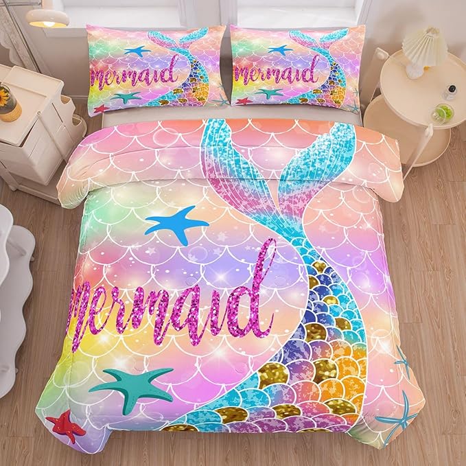 NINENINE Mermaid Comforter 5PCS Full Size Bedding Sets for Girls, Princess Comforter Sets for Girls, Glitter Bedding Set for Girls (1Comforter, 1Flat Sheet, 1Fitted Sheet, 2Pillowcases) - LeafyLoom
