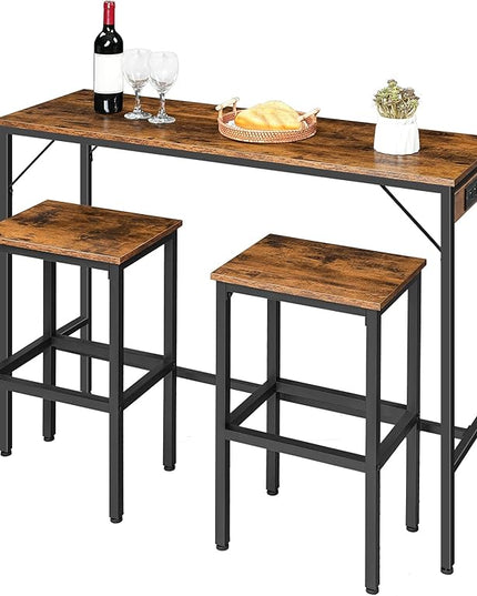 HOOBRO Bar Table Set with Power Outlet, 47.2“ Bar Table and Chairs Set, 3-Piece Pub Table Set, Kitchen Bar Height Table with Stools of 2, for Living Room, Dining Room, BF46UBT01 - LeafyLoom