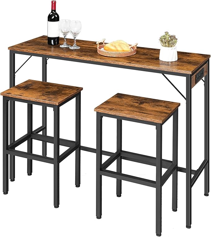HOOBRO Bar Table Set with Power Outlet, 47.2“ Bar Table and Chairs Set, 3-Piece Pub Table Set, Kitchen Bar Height Table with Stools of 2, for Living Room, Dining Room, BF46UBT01 - LeafyLoom