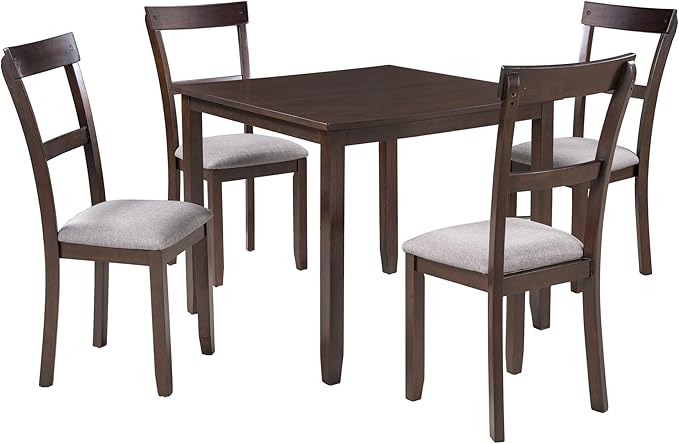 5 Piece Industrial Dining Set with Solid Wood Table and 4 High-density Foam Burlap Upholstered Cushions Chairs for Kitchen, Diningroom, Living Room, Easy to Assemble, Espresso+Grey - LeafyLoom