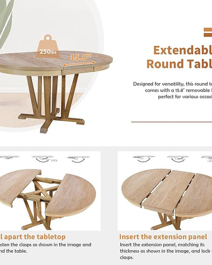 Rustic Round Trestle, Extending w/4 Cross Back Chairs, Easy Assembly, Room, Kitchen, Small Place, 5 Piece Dining Table Set, Natural 19 - LeafyLoom