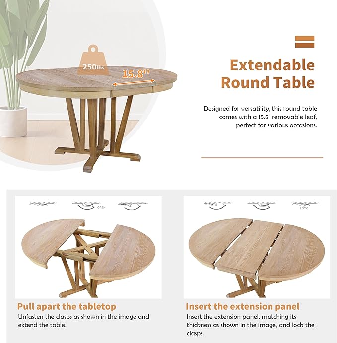 Rustic Round Trestle, Extending w/4 Cross Back Chairs, Easy Assembly, Room, Kitchen, Small Place, 5 Piece Dining Table Set, Natural 19 - LeafyLoom