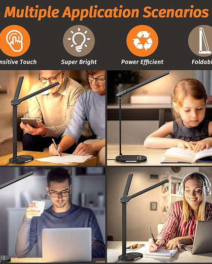 LED Desk Lamps for Home Office, Dual Swing Arm Desk Light, Dimmable Desk Lamp with USB Charging Port, Office Lamp with Night Light, 1H Timer, 5 Color Modes 5 Brightness Levels, Eye-Caring Table Lamp - LeafyLoom