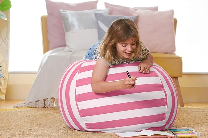 Aubliss Stuffed Animal Bean Bag Storage Chair, Beanbag Covers Only for Organizing Plush Toys, Turns into Bean Bag Seat for Kids When Filled, Large 38"-Canvas Stripes Pink/White - LeafyLoom