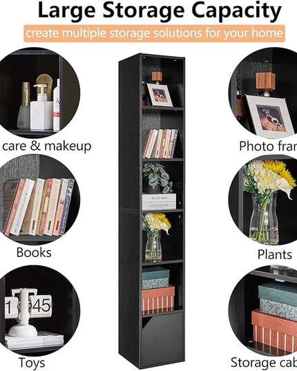 IBUYKE 6 Tier Tall Narrow Bookcase, Modern Black Corner Bookcase with Doors Storage,Cube Media Tower Rack,Cabinet,Floor Standing Display Storage Shelves for Small Spaces,for Home Office Black UWBC001B - LeafyLoom